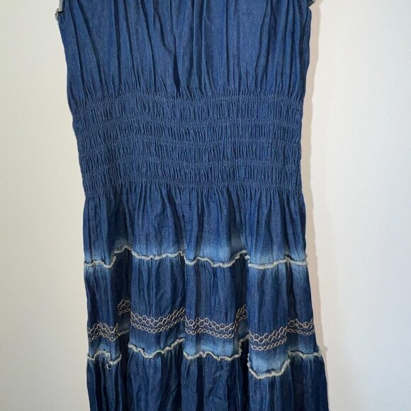 Lapis Anthropologie Tiered Smocked Denim Maxi Peasant Prairie Boho Dress Sz M - Picture 10 of 15